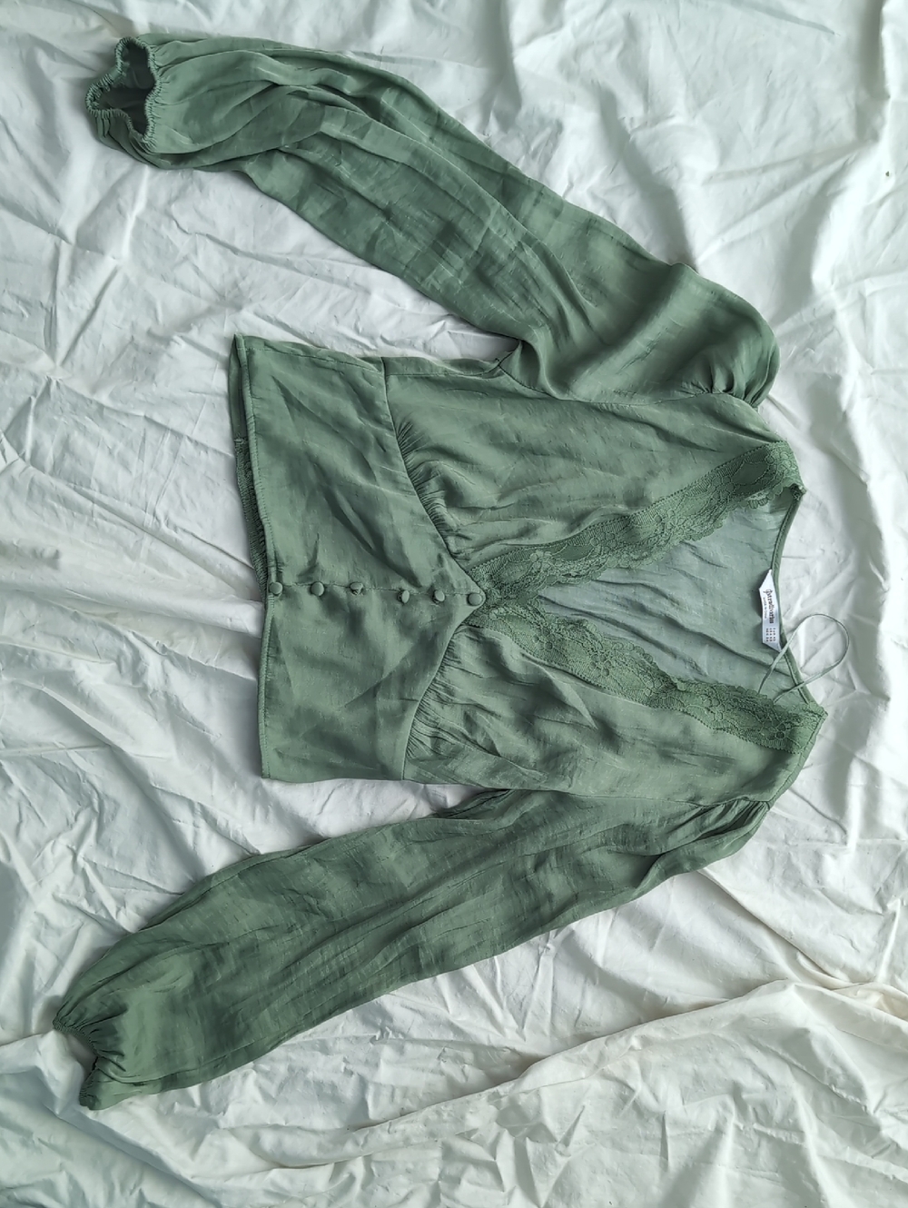 stradivarius Olive Green Lace-Trim Blouse